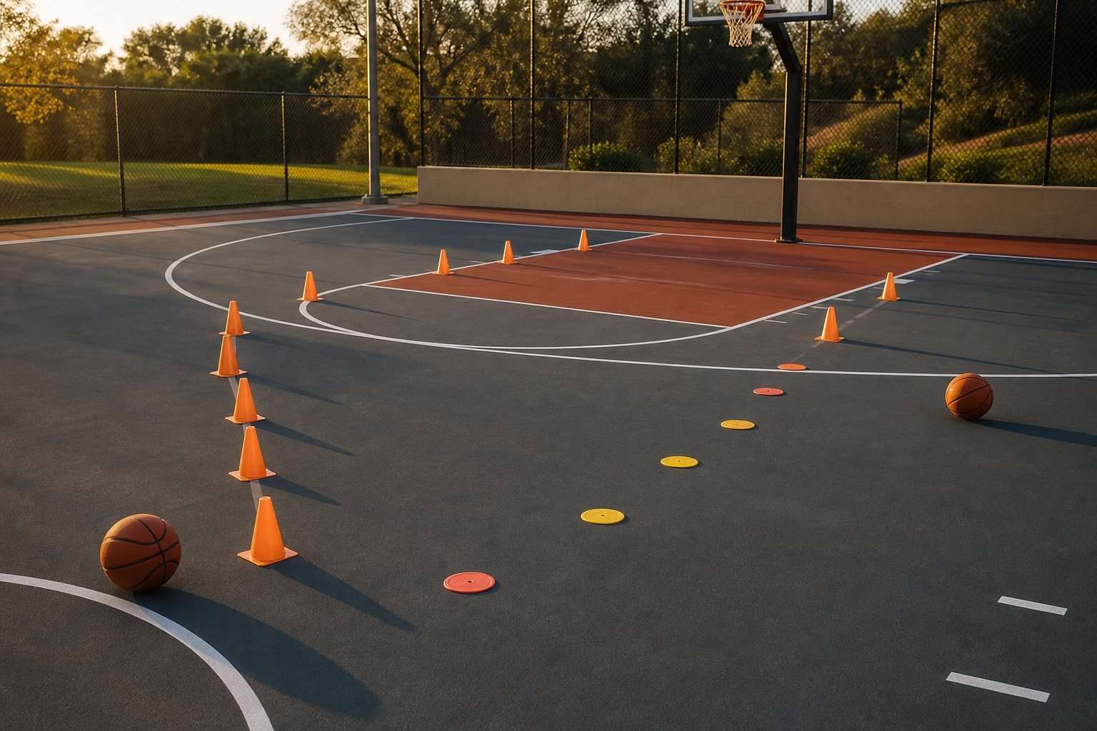 Circuito de baloncesto preparado con balones y conos en media pista