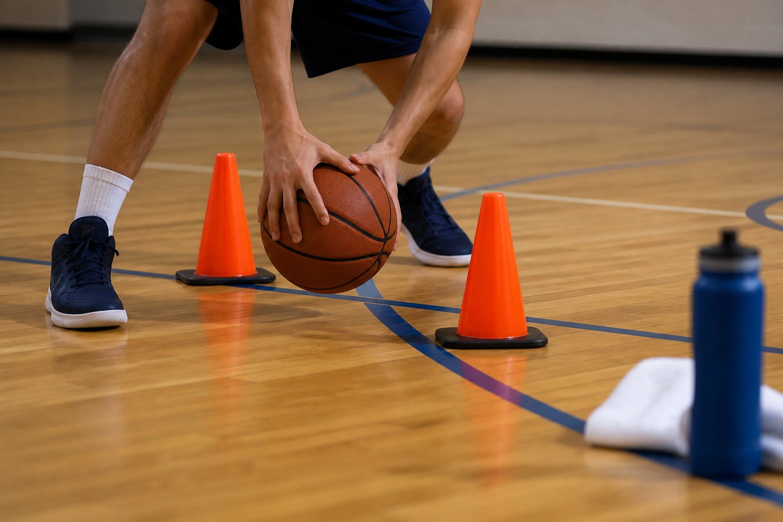 Ejercicio de coordinación con balón y conos en una pista cubierta
