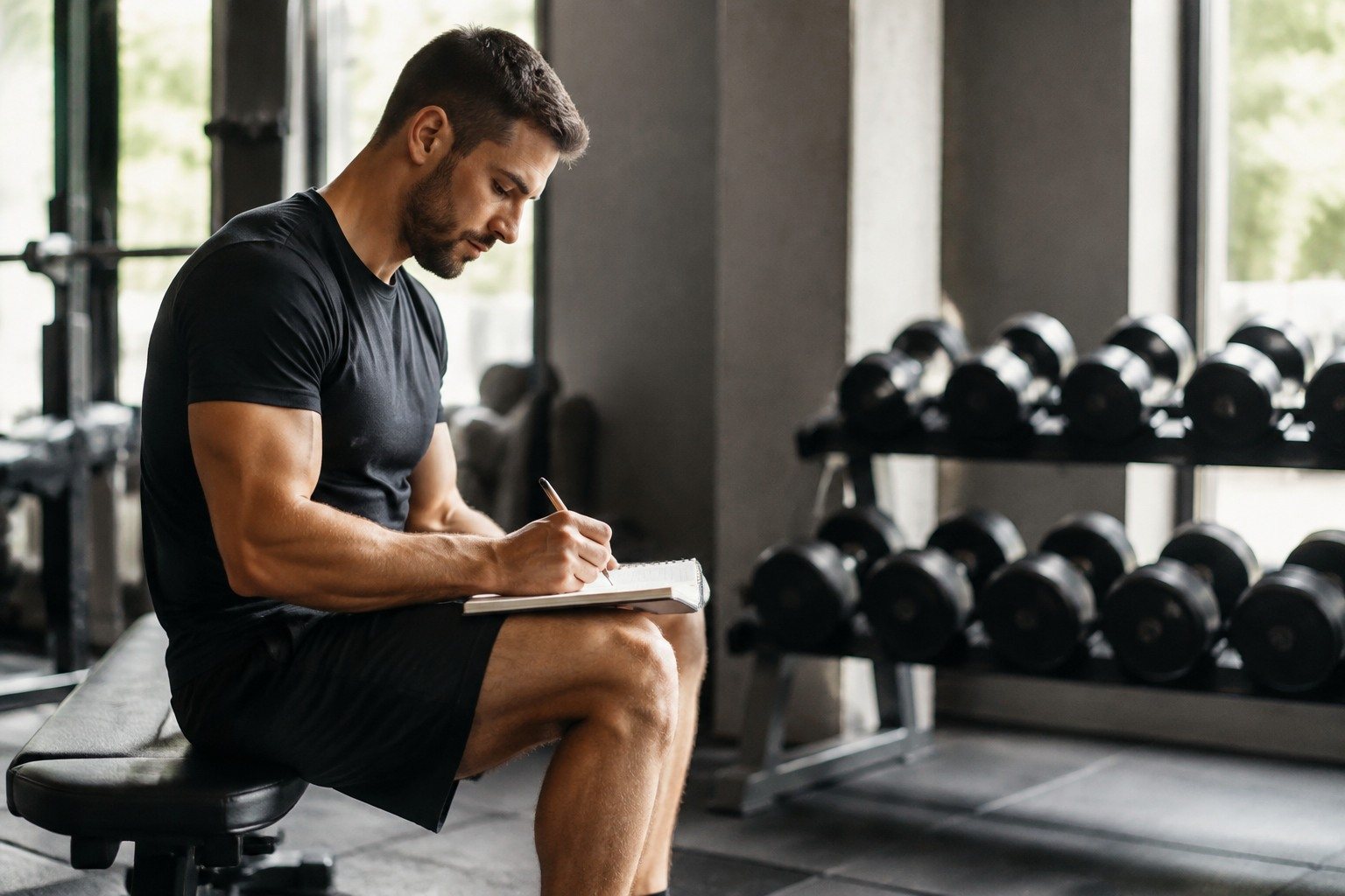 Cuaderno de entrenamiento junto a una mancuerna y una botella
